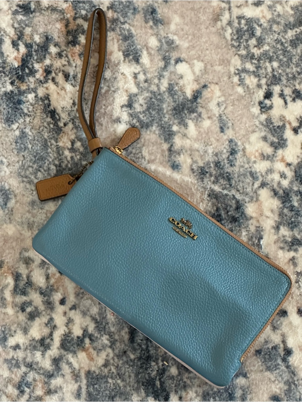 Coach Large Double Zip Wristlet in Blue, White, and Tan
